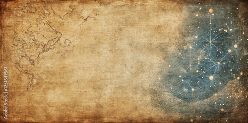 Antique parchment map featuring north america and starry constellation network