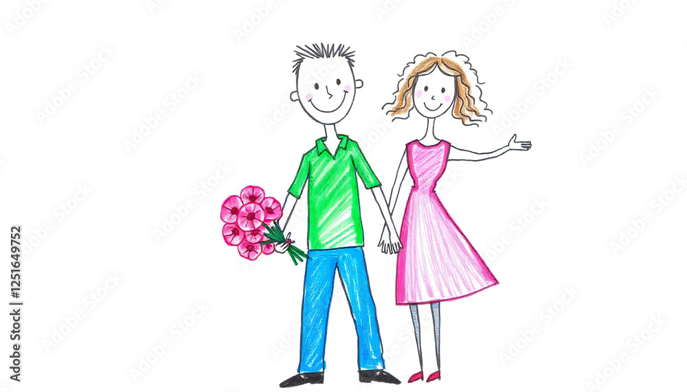 Hand-Drawn Couple: A charming hand-drawn illustration depicts a couple holding hands, the man presenting a bouquet of flowers, their smiles radiating warmth and affection. Hand-Drawn Couple: A charming hand-drawn illustration depicts a couple holding hands, the man presenting a bouquet of flowers, their smiles radiating warmth and affection.