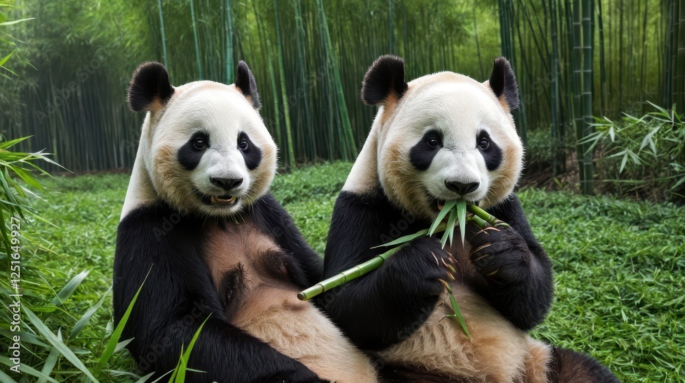 Obraz premium playful pandas enjoying a meal in a lush bamboo forest