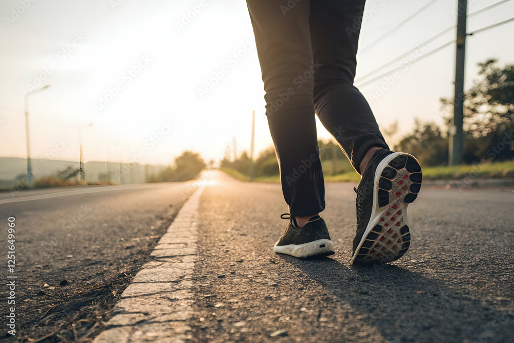 Obraz premium Walking Person Feet On Road At Sunrise Path Way Cityscape Urban View