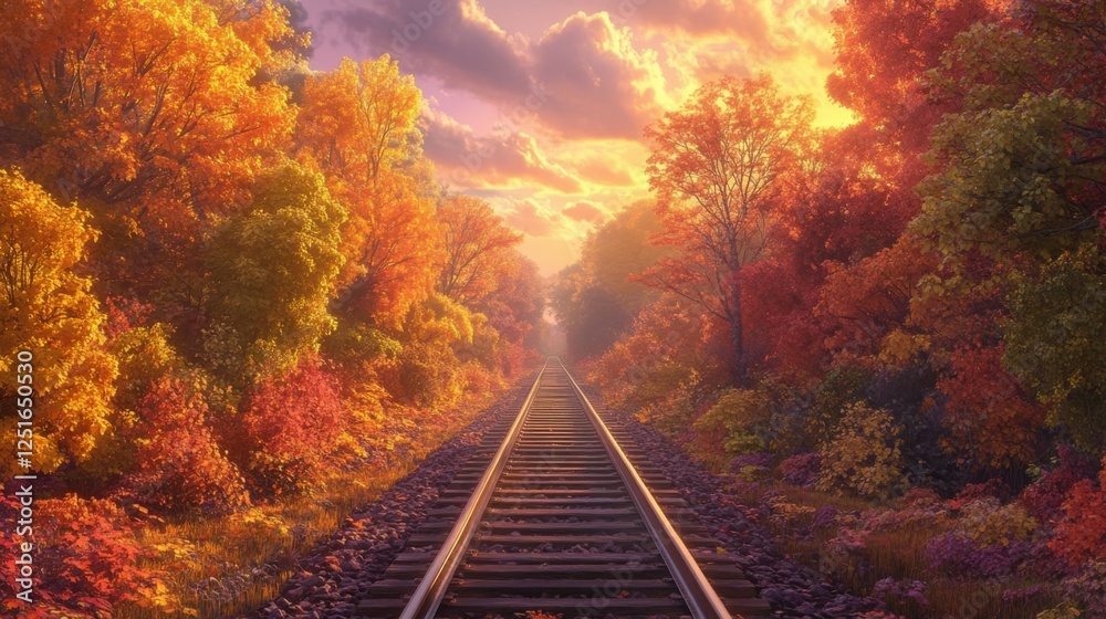 A serene railway track stretches through a colorful forest of autumn foliage, glowing under the warm hues of a setting sun in a quiet location A serene railway track stretches through a colorful forest of autumn foliage, glowing under the warm hues of a setting sun in a quiet location