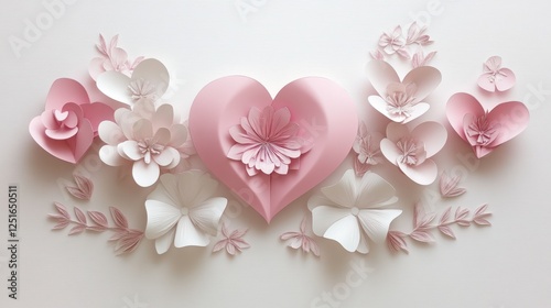 Paper flowers, heart, Valentine's, white background, craft, greeting card
