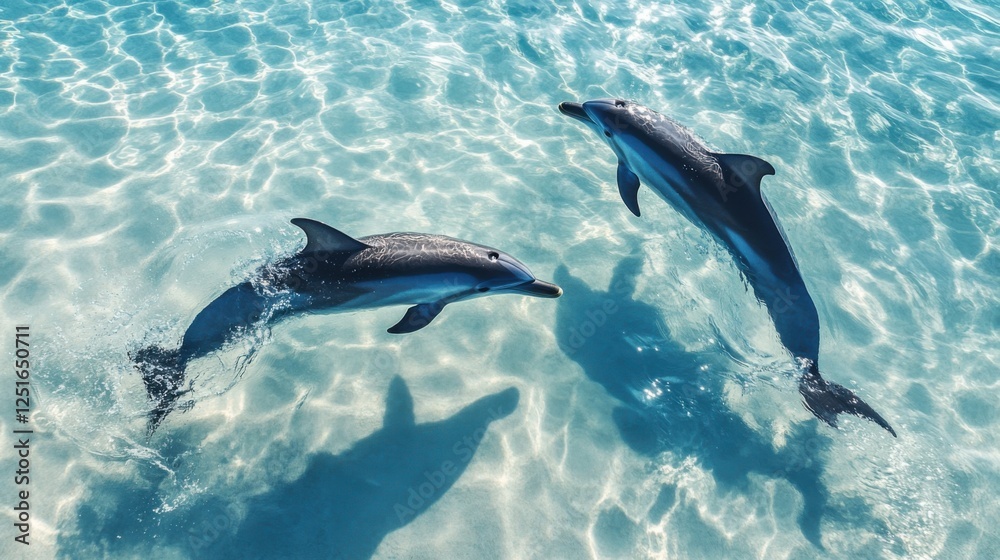 Naklejka premium A stunning aerial view of dolphins splashing and playing in the shallow waters of a clear tropical sea, their shadows visible on the white sand below