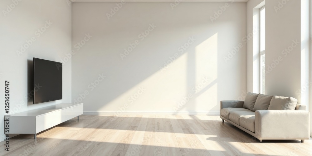 Fototapeta premium Sunlit Modern Living Room Interior with Neutral Sofa and Flat Screen TV