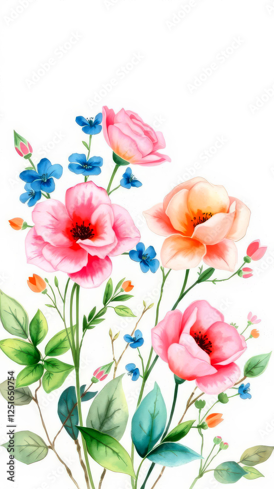 Fototapeta premium Romantic watercolor floral arrangement with pink, blue and orange flowers and green foliage on a white background