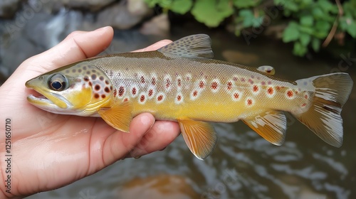 Close-up of a freshly caught brown trout in hand, highlighting sport fishing, nature conservation, and the beauty of freshwater wildlife, Generative AI photo