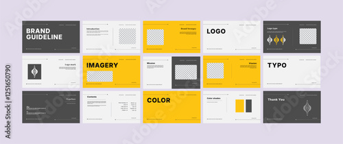 Brand identity design template. Complete Brand Guidelines Template, Creative brand guidelines layout, brand identity manual presentation, Logo and brand strategy guide, Logo guideline book.