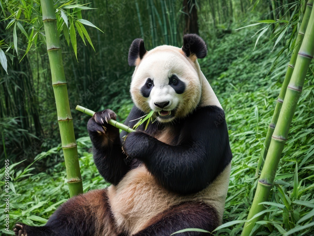 A playful giant panda enjoys a snack among the lush bamboo forest A playful giant panda enjoys a snack among the lush bamboo forest