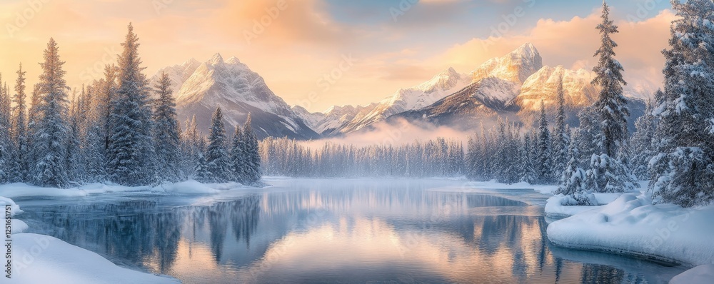 Fototapeta premium Soft Morning Light Over Snowy Peaks, Generative AI