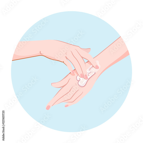 Applying cosmetic cream on woman hands skin with massage motions. Spa skincare wellness procedure icon for infographics, presentations, web design, poster, banner. Modern flat style. Vector colorful