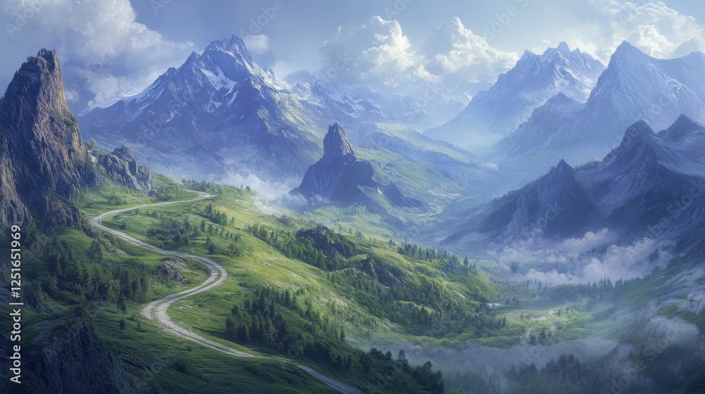 Fototapeta premium A winding path snakes through stunning mountain landscapes, where rugged peaks meet vibrant valleys, highlighting the allure of adventure and serenity