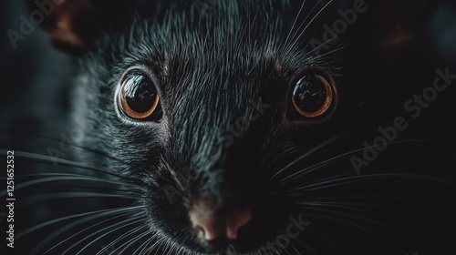 Close-up portrait of a black rat with intense eyes and sharp whiskers, showcasing curiosity, intelligence, and intricate natural details in wildlife photography, Generative AI photo