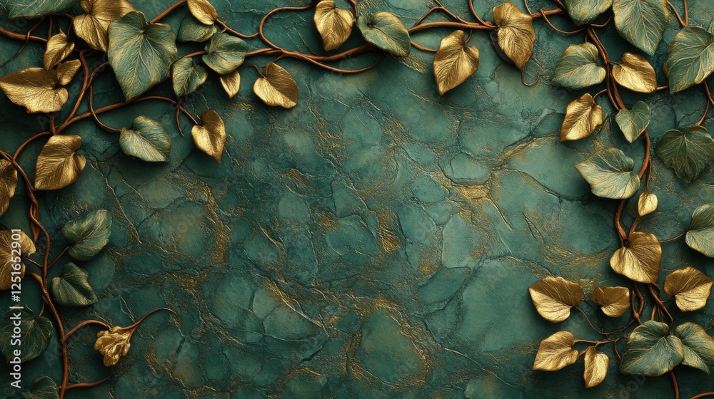 Fototapeta premium Lush green leaves and gold accents natural background decorative elements indoor environment close-up view botanical aesthetics