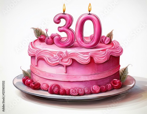 Illustration of decorated pink cake for birthday or anniversary party. Number 30, thirtieth birthday celebration photo