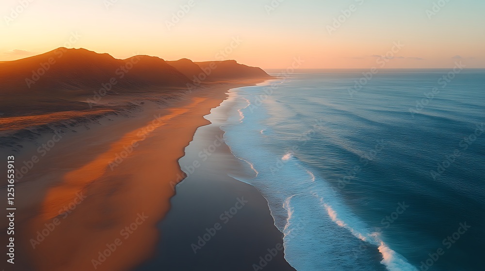 Fototapeta premium Golden Sunset Coastline Meets Ocean Waves
