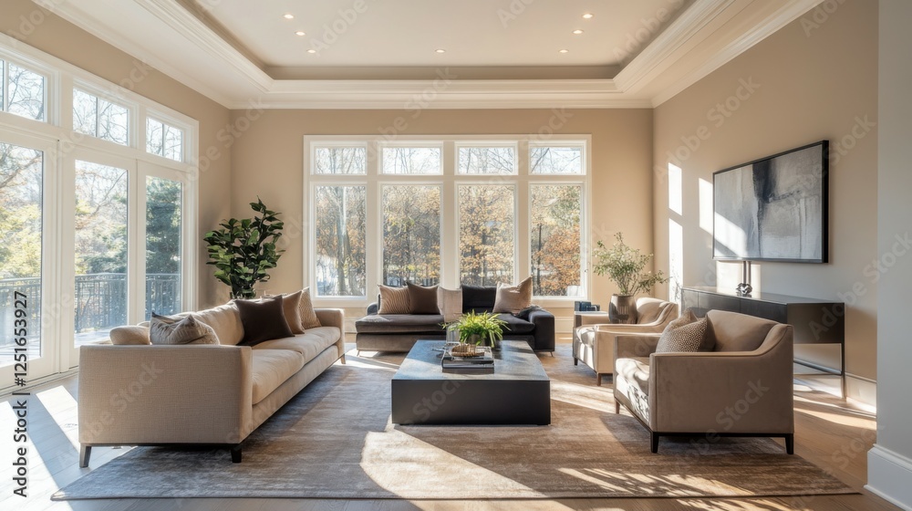 Fototapeta premium Sunlight floods a spacious living room adorned with neutral tones, creating a warm, inviting atmosphere perfect for unwinding at the end of the day