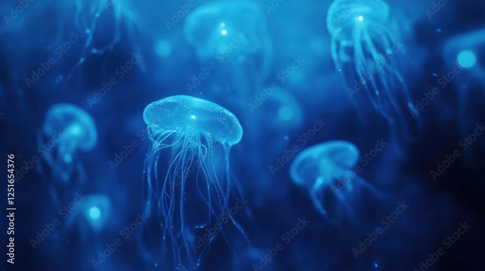 Bioluminescent jellyfish float gracefully through the deep blue sea Bioluminescent jellyfish float gracefully through the deep blue sea