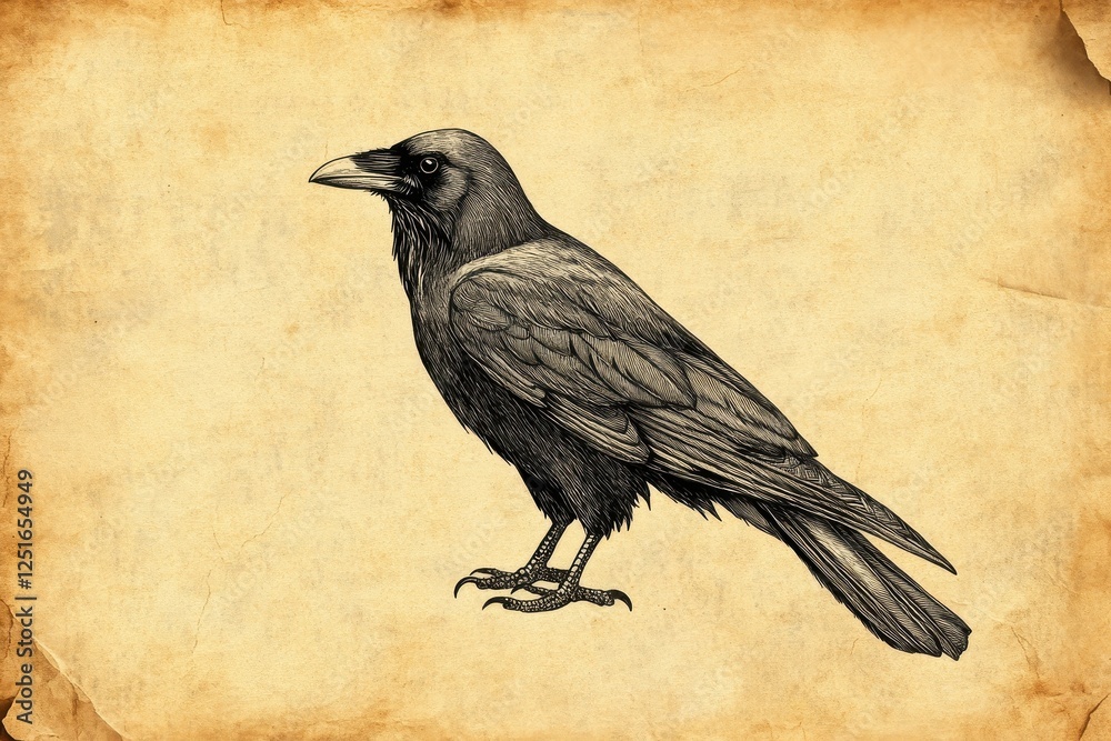Fototapeta premium Detailed sketch of a raven standing on an aged parchment