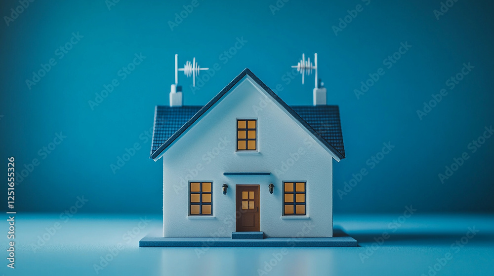 House with satellite dish on hill under blue sky conveying tranquility and modern rural living House with satellite dish on hill under blue sky conveying tranquility and modern rural living