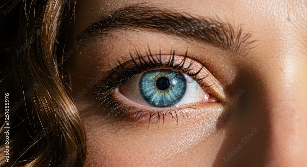 Fototapeta premium A partial face shot focusing on a single strikingly blue eye with intricate detail