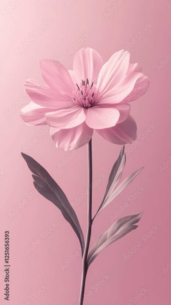 Single beautiful pink flower with stem and three leaves Single beautiful pink flower with stem and three leaves