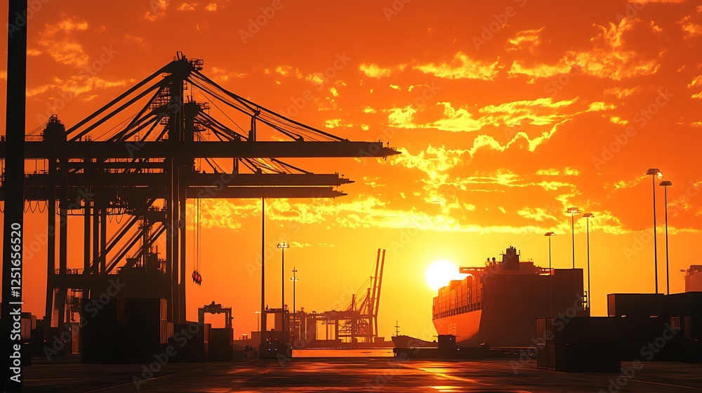 Fototapeta premium Container Ship at Sunset in a Busy Port