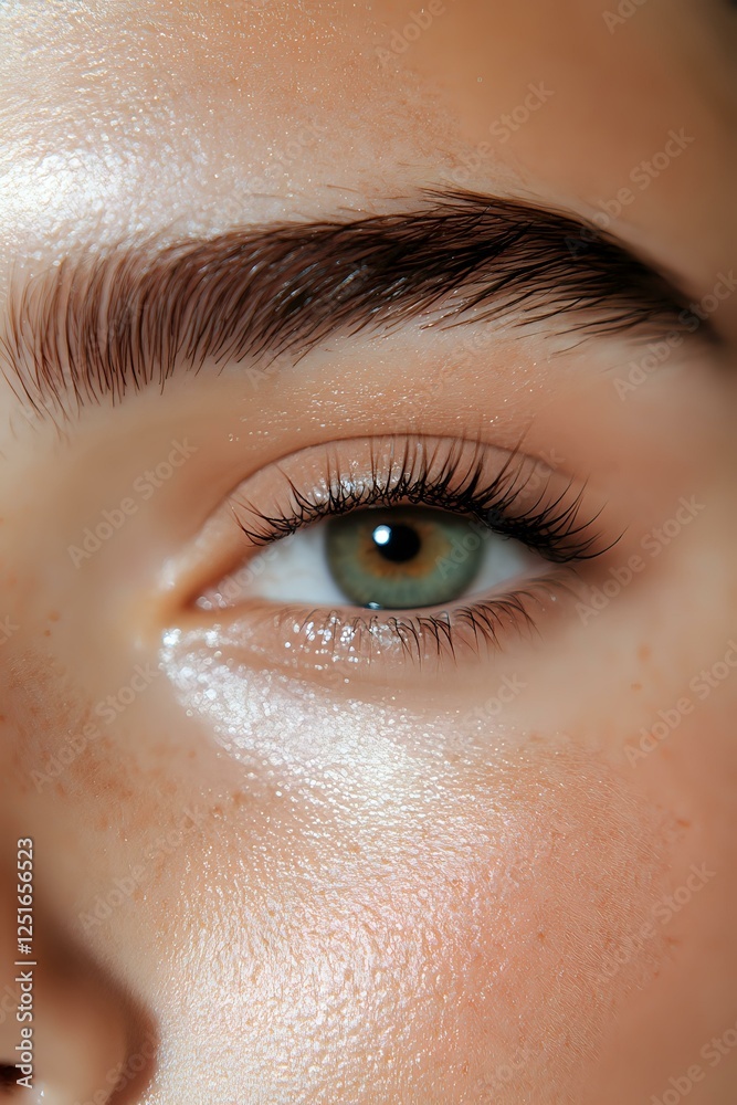 Close-up of green eye with long eyelashes and defined eyebrow, showing natural glowing skin with subtle freckles and dewy complexion for beauty and cosmetic advertising. Close-up of green eye with long eyelashes and defined eyebrow, showing natural glowing skin with subtle freckles and dewy complexion for beauty and cosmetic advertising.