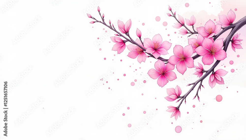 Naklejka premium Cherry blossom branch with soft pink blooms, watercolor elegance