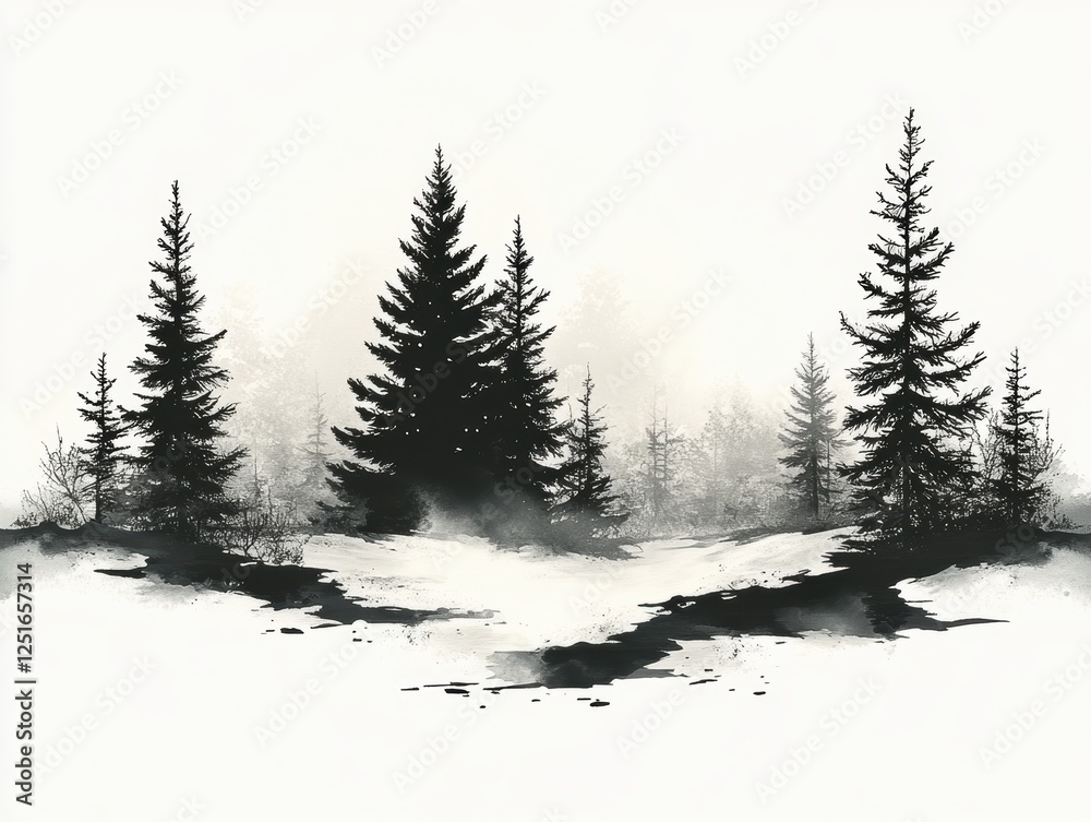 Naklejka premium A serene black-and-white depiction of snowy trees in a misty landscape.