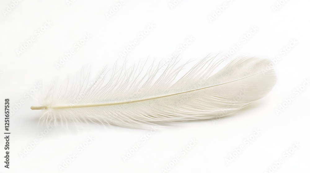 A single off white feather rests on a white background