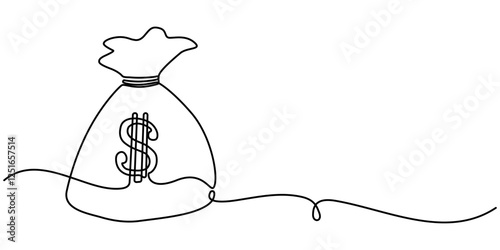 Money bag continuous one line drawing, Dollar bag continuous line drawing. Dollar linear symbol. Savings money concept. Vector illustration, Continuous one line drawing of money bag. One line drawing.
