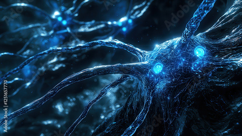 Exploration of advanced nano-medicine with glowing blue cybernetic veins showcasing self-replicating medical nanobots in a futuristic setting photo