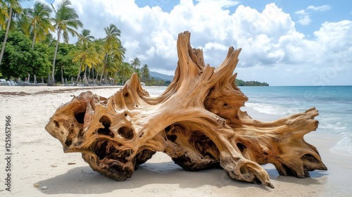 Large weathered driftwood on a tropical sandy beach, highlighting coastal erosion, natural beauty, and serene oceanfront relaxation in paradise, Generative AI photo