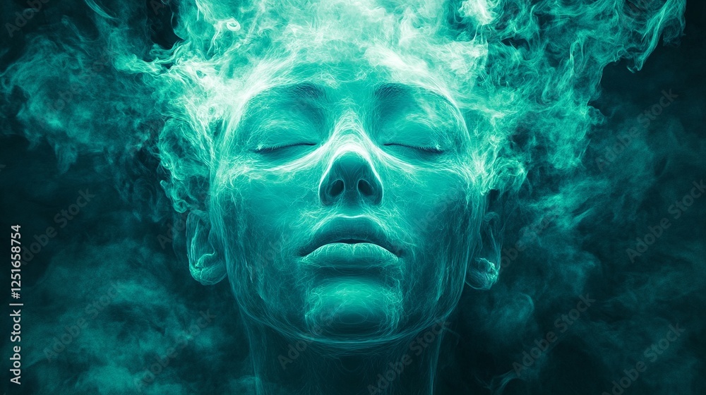 A woman is shown with her eyes closed and surrounded by turquoise smoke emanating from her mouth. A woman is shown with her eyes closed and surrounded by turquoise smoke emanating from her mouth.