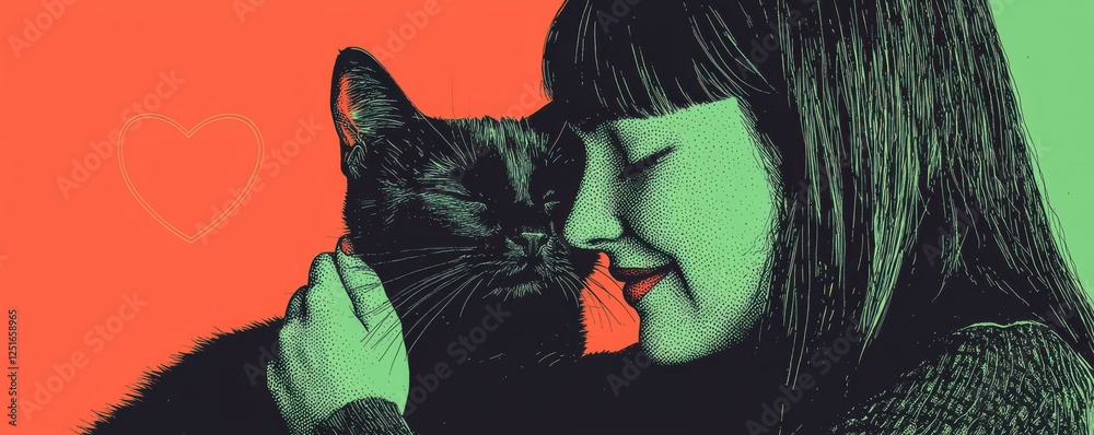 Fototapeta premium A woman shares a loving moment with her black cat.