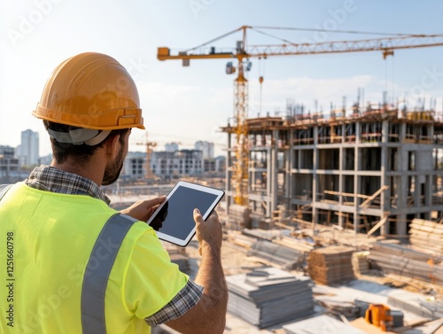 A construction worker uses a tablet at a busy building site.