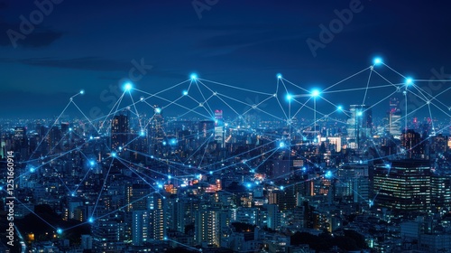 Wallpaper Mural Night city network connection, glowing lines, cityscape, global communication Torontodigital.ca