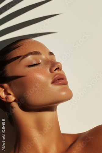 Portrait of a young woman, tanned with closed eyes, against a white background, beautiful complexion and subtle makeup, perfect skin, palm leaf shadows, summer vacation