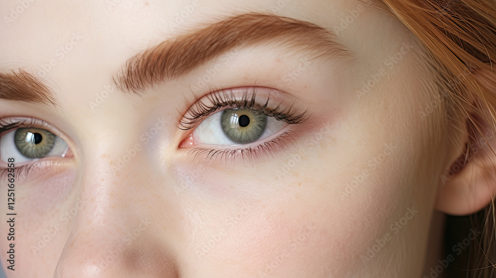 Fototapeta premium Green woman eye close-up. Eyebrow and eyelash beauty treatments. Natural makeup