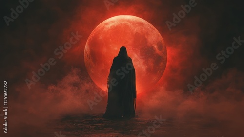 Hooded figure, crimson moon, night, fog, fantasy, horror, artwork, mysterious, game design