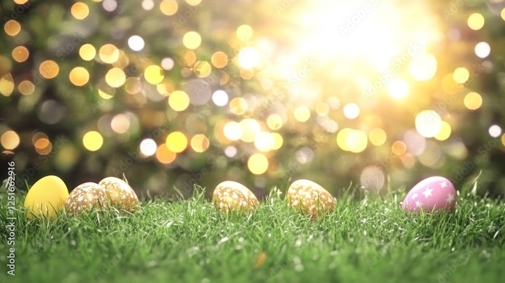Obraz premium Easter Eggs Among Green Grass Glowing Light Background.
