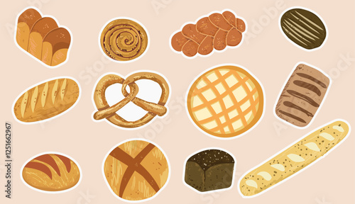 Set of bakery stickers. Croissants, slices of bread and donut. Homemade pastry food and eating. Dessert and delicacy. Tasty snack. Vector hand drawn collection isolated on beige background.