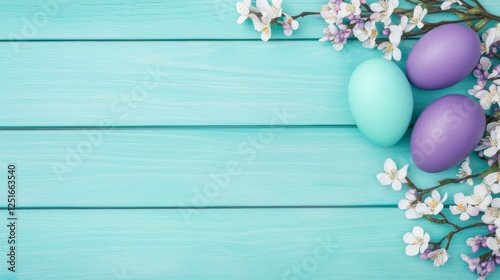 Easter Eggs and Blossoms on Light Blue Wooden Surface Festive Spring Holiday Decoration.