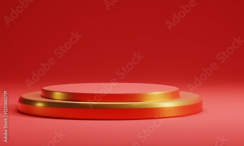 Wallpaper Mural Gold podium on 3D red background. Cylinder shape gold elegant pedestals for an object, or product presentation. Stage podium with lighting stage podium with for award ceremony on red background. Torontodigital.ca