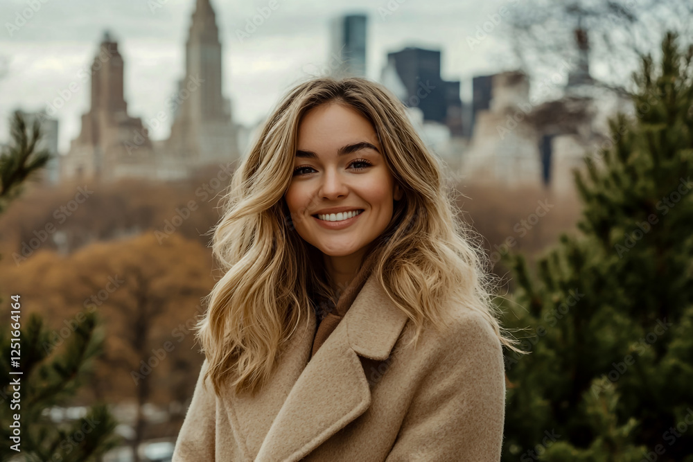 Portrait of a beautiful woman smiling in a beige coat, with a background of green pine trees and the blurry skyline Portrait of a beautiful woman smiling in a beige coat, with a background of green pine trees and the blurry skyline