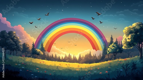 A vibrant landscape featuring a colorful rainbow arching over a lush green meadow, surrounded by tall trees and a glorious sunset illuminating the sky. photo