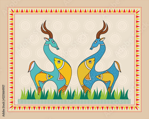 Indian Folk Art: Deer and Fish Motif in Exquisite Madhubani Painting. Madhubani art, Mithila painting, Indian folk art, Madhubani deer fish