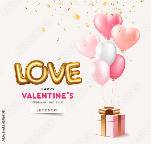 Valentines day sale, balloon heart gift box and love lettering gold shine convex material poster design on pink background, Eps 10 vector illustration