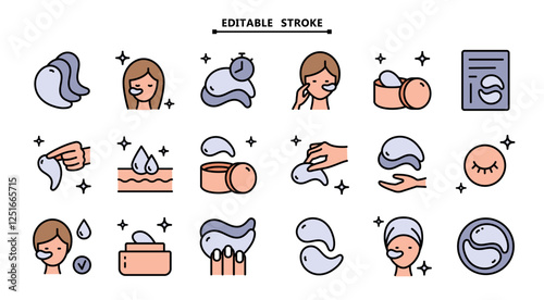 Face, beauty, health, woman, healthy, mask, cleansing concept. Editable stroke. Aesthetic cosmetology color icons, vector pictogram of shiny skin, anti age skin care.