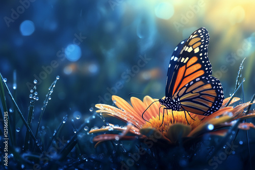 A close-up of a butterfly resting on a vibrant wildflower, with dew-covered grass in the background. The image captures the delicate balance of ecosystems.